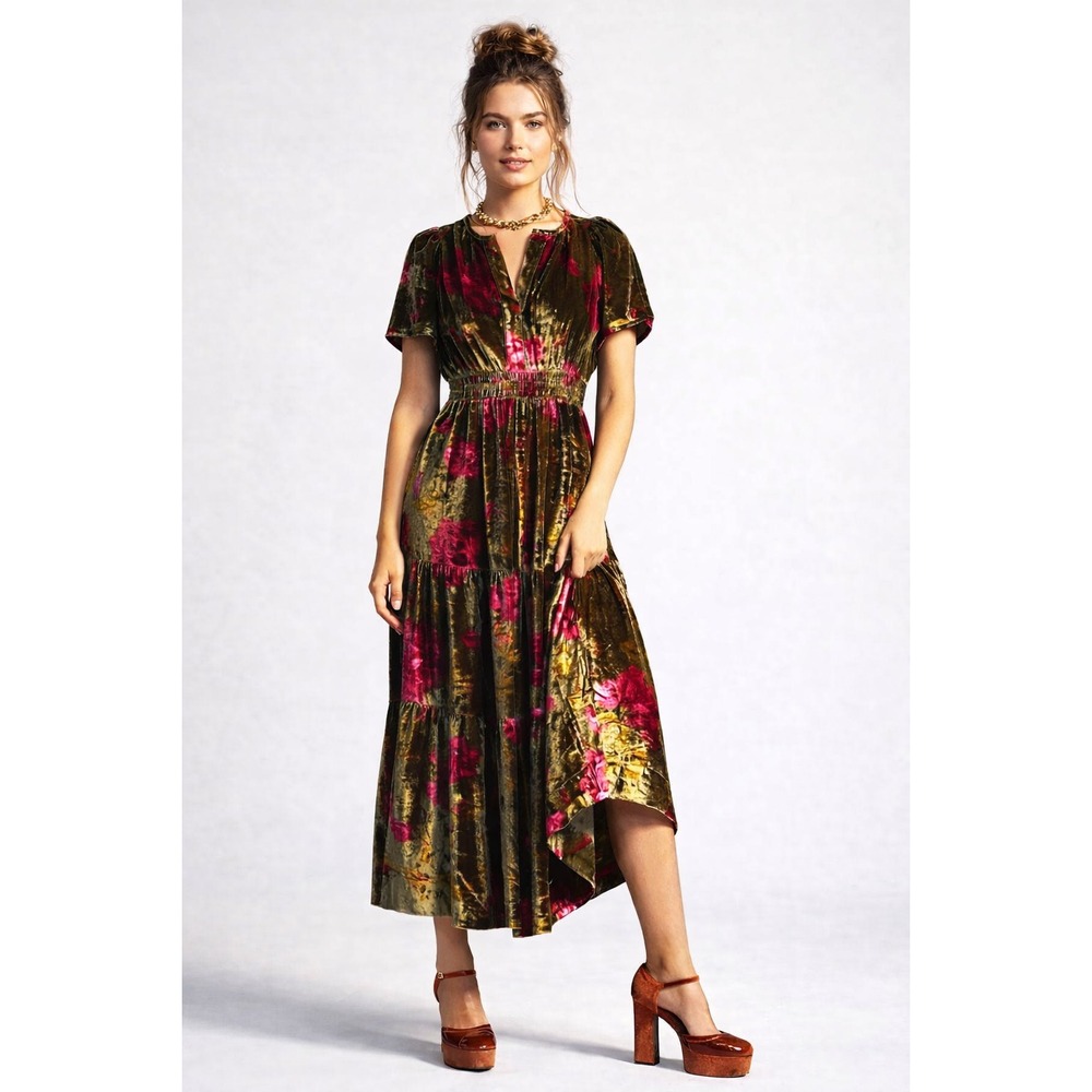 Anthropologie Somerset Maxi Velvet Dress Long Tiered Green‎ Floral Size M